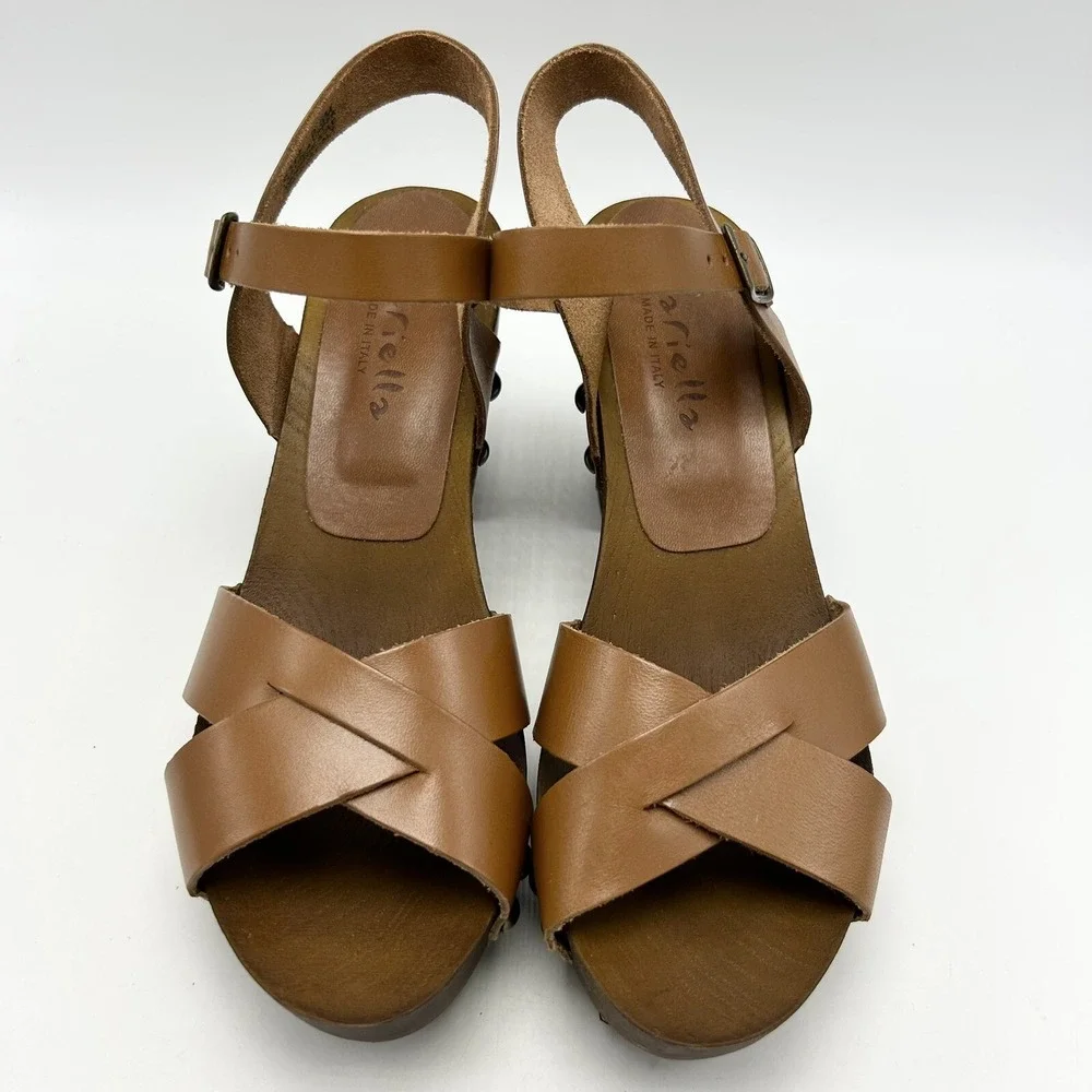 Mariella Sandals Womens 9.5 M Brown Leather Block Heels Wood Look Made in Italy